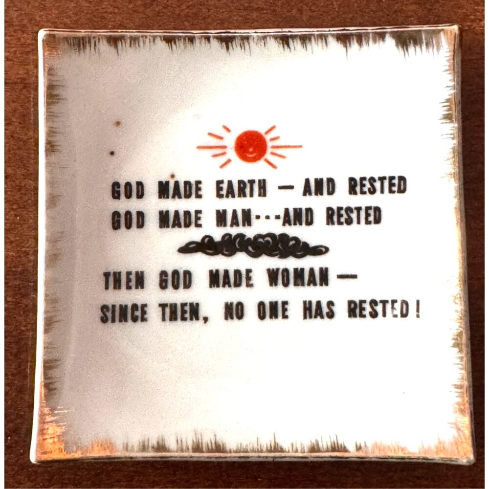 Vtg MCM Artmark Ceramic Novelty Dish Ashtray "God Made Earth Man Woman Joke"